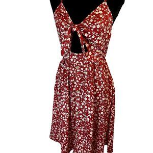 VotePretty Red Flower Cut Out Summer Tie Ftont Spaghetti Straps Sundress NWT M